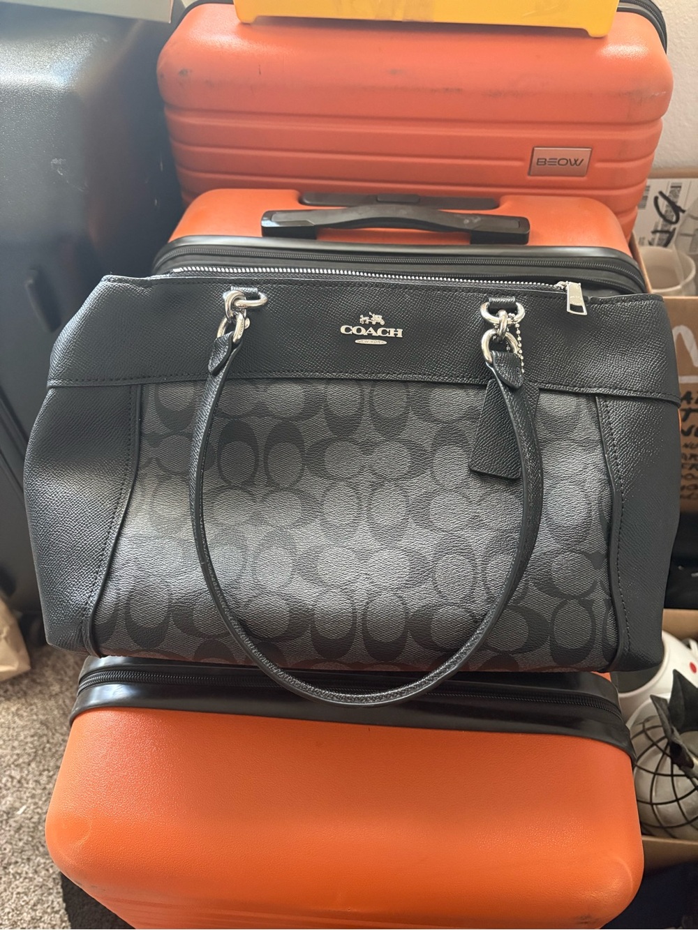 Coach Black Signature Logo Satchel with Silver Hardware